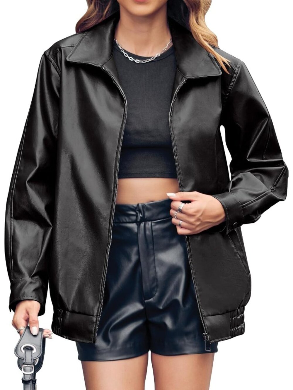 Women's Black Faux Leather Oversized Bomber Jacket ZIP Up Casual Coat